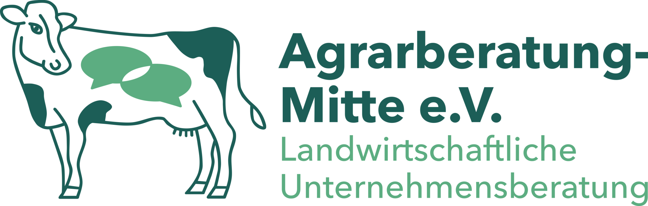 Logo der ABM: Kuh mit Sprechblasen. Text: Agrarberatung-Mitte e.V. Landwirtschaftliche Unternehmensberatung
